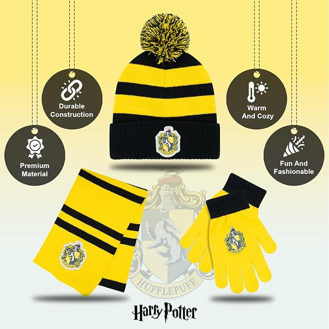 Harry Potter Winter Hat and Gloves with Set, Gryffindor, Slytherin, Hufflepuff, Ravenclaw, Winter Set 5-13 Year Olds
