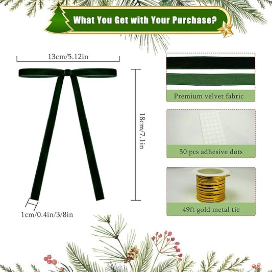 24Pcs Velvet Ribbon 5 x 7 Inch Christmas Ribbon 3/8 Inch Wide Christmas Bows Vintage Velvet Bows for Christmas Tree Dark Green Bows for Christmas Tree Decorations