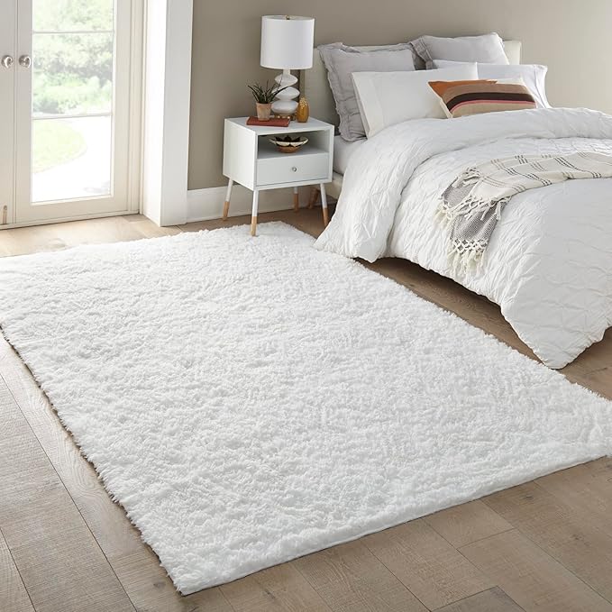 Ophanie 5x8 White Rugs for Living Room, Fluffy Fuzzy Plush Soft Carpets, Shaggy Area Rugs for Bedroom, Carpet for Dorm Nursery Home Decor Aesthetic