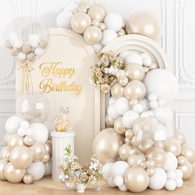 Pearl White Balloon Arch Kit Double-Stuffed Pearl Sand White Balloon Garland Different Sizes 18/12/10/5 Inch Pearl White Clear Balloons for Wedding Bridal Shower Anniversary Birthday Party Decor