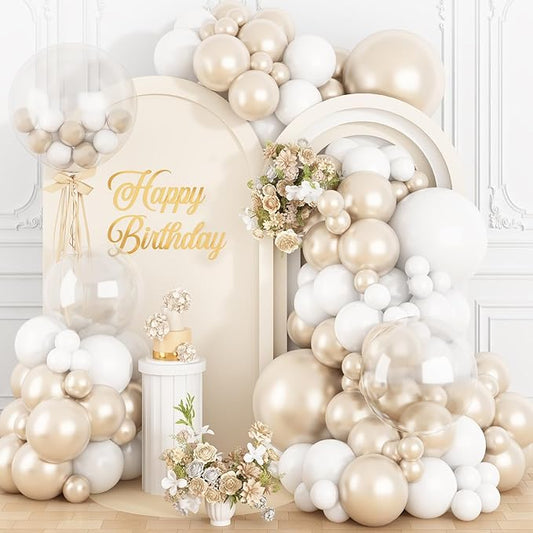 Pearl White Balloon Arch Kit Double-Stuffed Pearl Sand White Balloon Garland Different Sizes 18/12/10/5 Inch Pearl White Clear Balloons for Wedding Bridal Shower Anniversary Birthday Party Decor