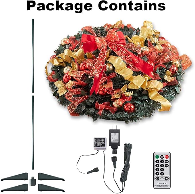 6FT Prelit Pull Up Artificial Christmas Tree with Lights, Decorations, Remote - Red, Gold Ornaments, Bows, Ribbons