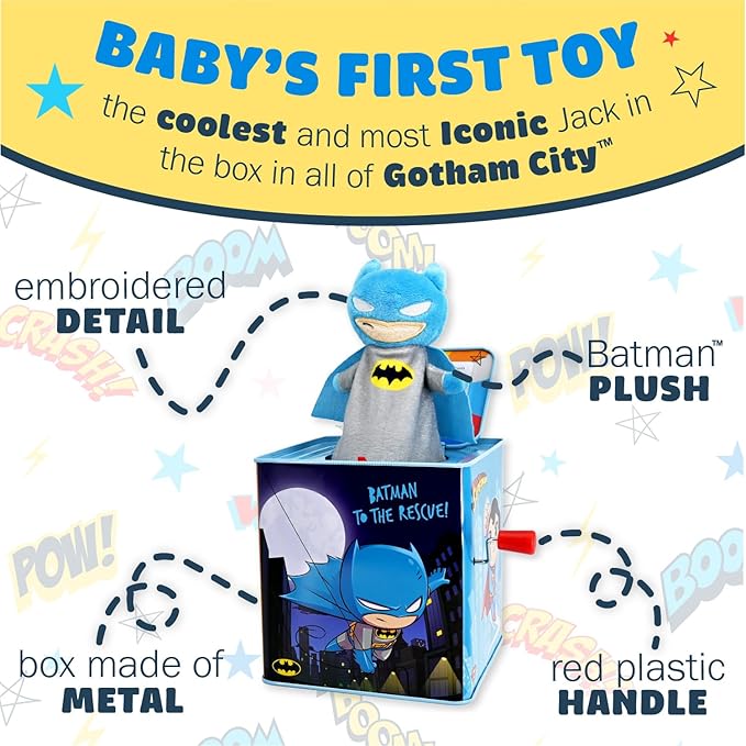 KIDS PREFERRED DC Comics The Batman Jack in The Box Musical Toys for Babies and Toddlers, Plays “Pop Goes The Weasel” The Dark Knight Springs Out from A Colorful Box