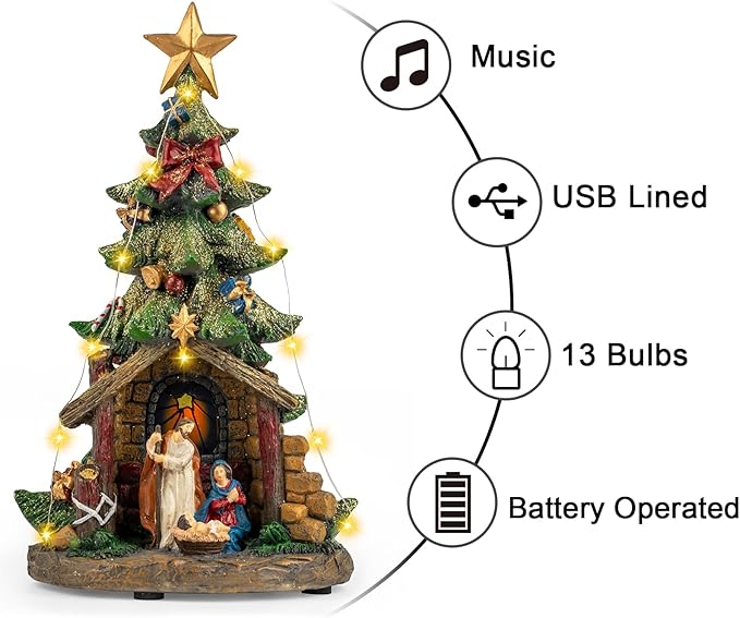 Musical Christmas Tree Nativity Scene with Figurines LED Light, Christmas Holy Family Nativity Scene for Xmas Decor Gift, Tabletop Decorative Christmas Ornaments