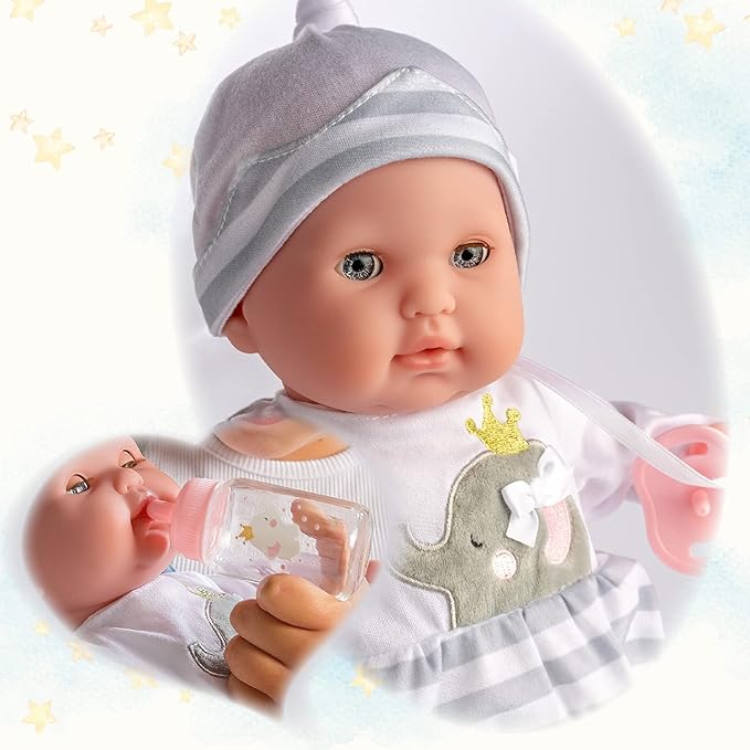 15" Realistic Soft Body Baby Doll with Open/Close Eyes | JC Toys - Berenguer Boutique | Bottle & Pacifier | Grey | Ages 2+