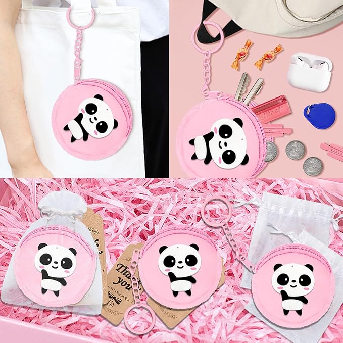 36 Pack Panda Change Purses Set Include 12 Wallets with Keyring,12 Thank You Tags and 12 Organza Bags for Panda Lover, Panda Themed Jungle Safari Animals Birthday Party,Pink