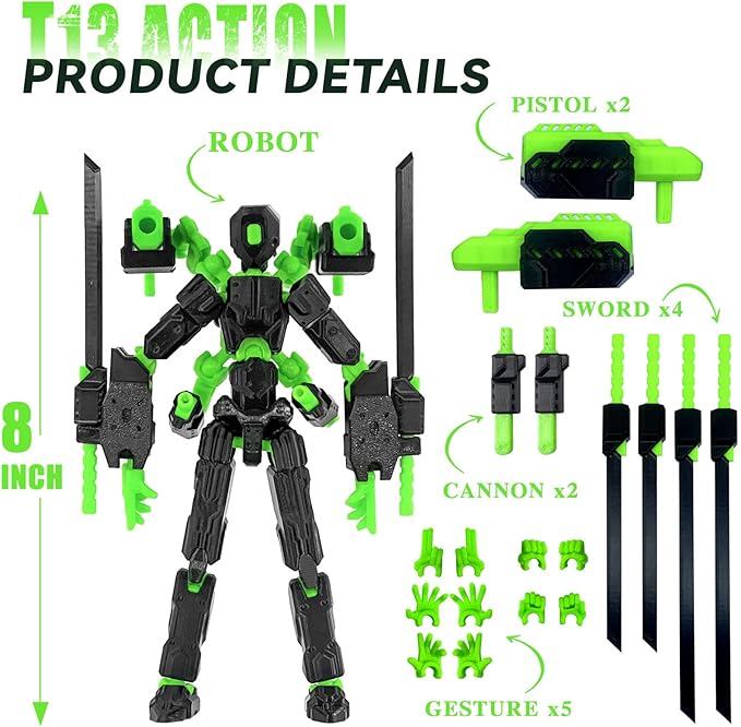 8 inch T13 (Assembly Completed) Action Figure Set,Robot 13 Multi-Articular Mobile Nova T-13,Desktop Decorations for Game Lovers Toys (Black)
