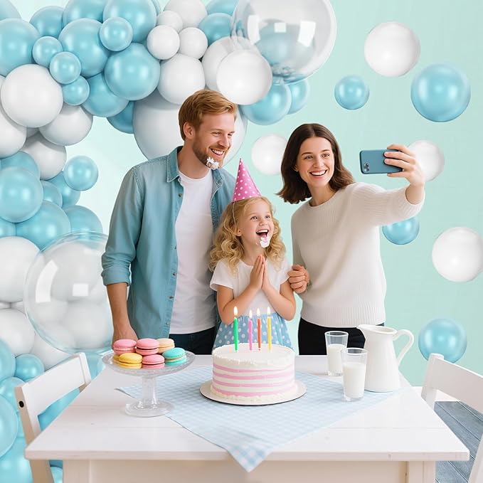 Pearl Teal Blue White Balloon Arch Kit, Double Stuffed Pearl Turquoise Balloons Garland Different Sizes 18/12/10/5 Inch Teal Balloon for Baby Shower Wedding Bridal Shower Birthday Decor