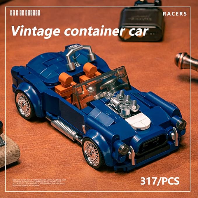 PB8818 1:32 Blue Convertible Sports Car Buliding Blocks Set, 317 Pieces Racing Toy Model Container Display Box, Clamping Blocks Car STEM Gift for Adults