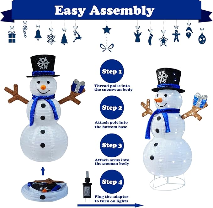 Outdoor Snowman Lighted, Pop-Up Snowman Outdoor Yard Christmas Decorations Prelit 100 Lights, Collapsible Lighted Snowmen Wears Blue Scarf and Holds Light Up Gift Box for Home Porch Yard Décor-Blue