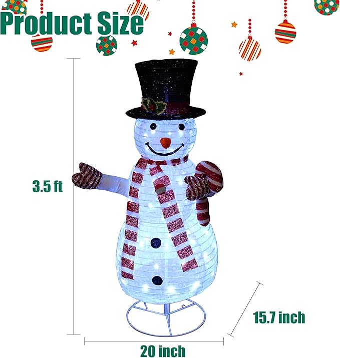 Dazzle Bright Christmas Snowman Decorations, 3.5 FT Pre-Lit 70 LED Pop-Up Snowman, Collapsible Lighted Snowman with Metal Stand for Indoor Outdoor Garden Yard Home Party Xmas Decor