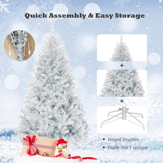 GOFLAME 6 FT Artificial Christmas Tree Hinged with 1036 Branch Tips, Silver Tinsel Christmas Tree with Metal Stand, Electroplated Technology for Indoor and Outdoor Holiday Decoration