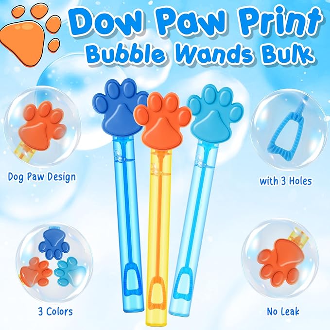 24 Pcs Blue Dog Paw Bubble Wands Mini Bubble Party Favor Toys for Kids Toddlers Birthday Goody Bag Stuffer Filler Summer Outdoor Classroom Reward Gifts (Dark, Light Blue, Orange)