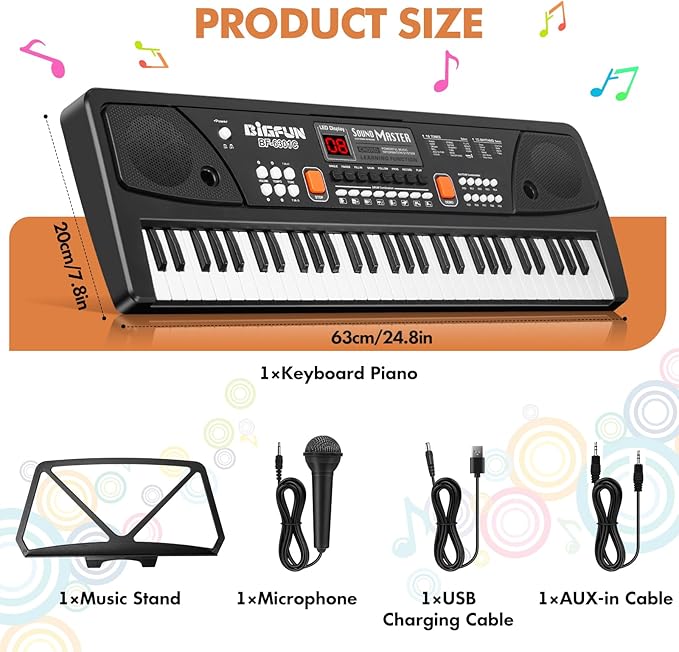 61-Key Kids Piano Keyboard for Beginners - Rechargeable Electronic Music Toy Piano with Music Stand Microphone LED Display AUX in - Birthday for 3-9 Year Old Boys Girls (Black)