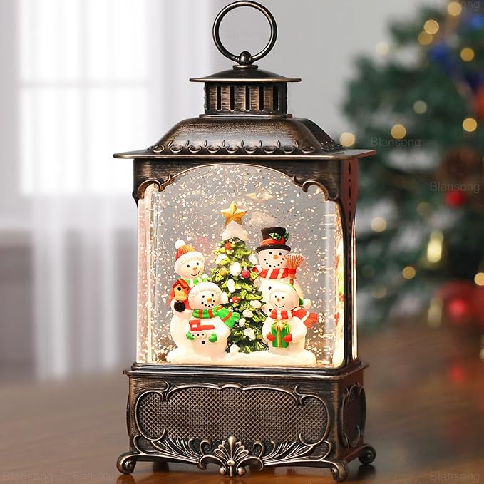 Snowman Snow Globe Lantern Christmas Decorations Gifts Auto Snowfall Glitter Music Collection Snowman Family Christmas Tree with 6H Timer USB/Battery Powered 10.2 inch