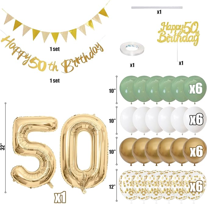 50th Birthday Decorations for Men Women, Sage Green White Gold Balloons with 50th Banner Number 50 Balloon for 50 Year Old Birthday Party Decor