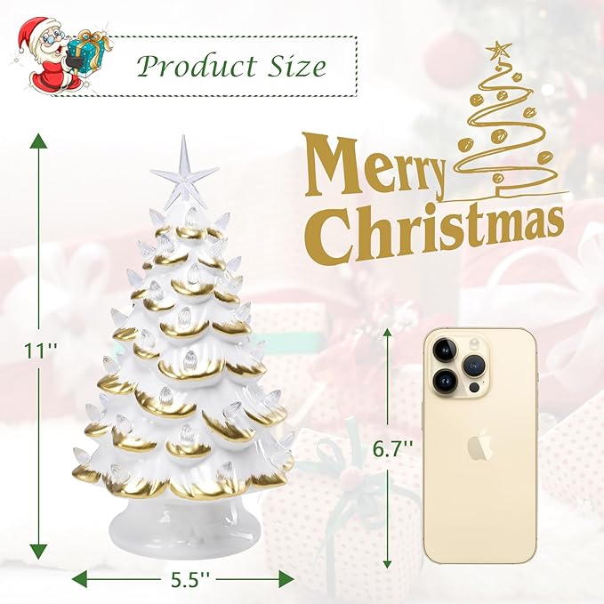 Small Ceramic Christmas Tree Hand-Painted Vintage Tabletop Christmas Tree White Golden Holiday Decoration with Multi-Color Lights 11 inch