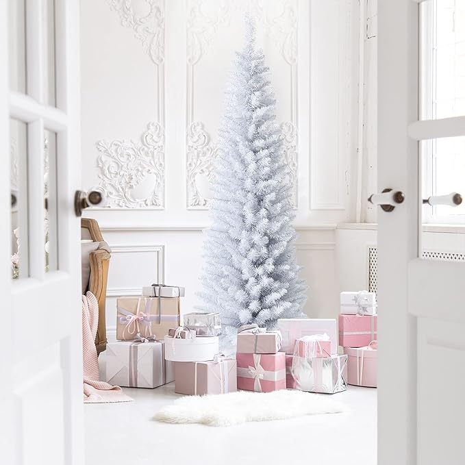 Happygrill 6FT White Pencil Christmas Tree Artificial Slim Christmas Tree Skinny Xmas Tree with Folding Metal Stand & PVC Material, Realistic Unlit Pine Tree with 340 Branch Tips for Indoor Outdoor