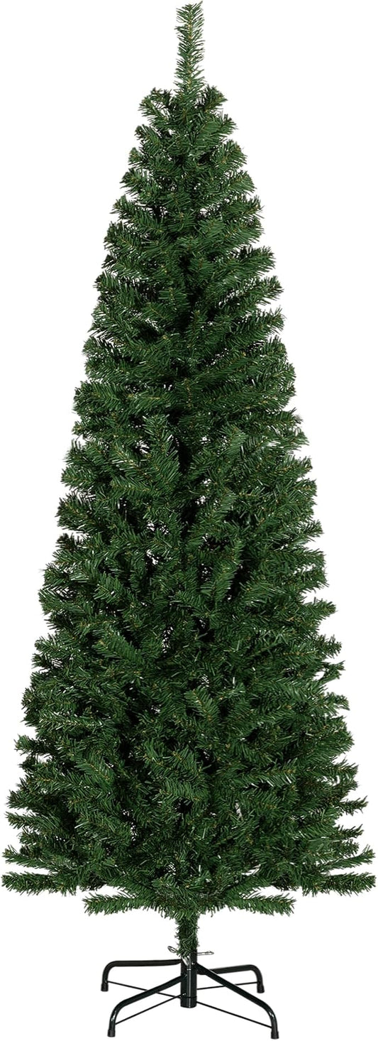 HOMCOM 6ft Pencil Christmas Tree, Unlit Artificial Christmas Tree Slim Douglas Fir Xmas Tree with Realistic Branches, Halloween Tree with 618 Tips, Green