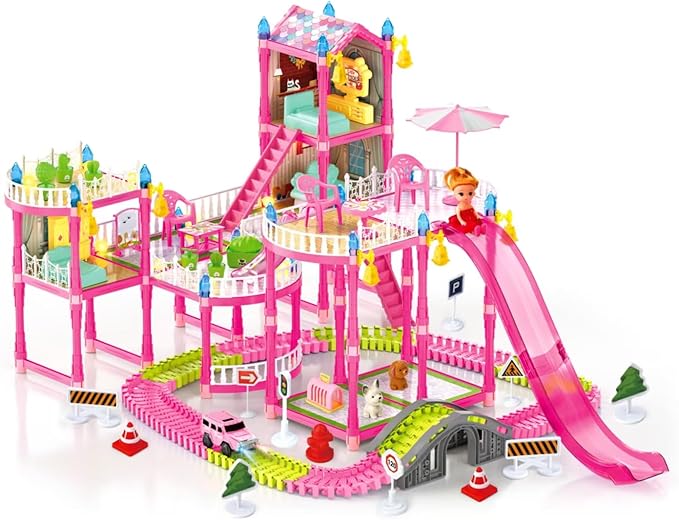 Dream Dollhouse, Racing Track, Dolls House playset with Toy Furniture and 3 Level Slide, Furniture, 1 Doll and 1 Buggy Toy and 10+ Tracks Pet and Puppy Play Area 7 Rooms