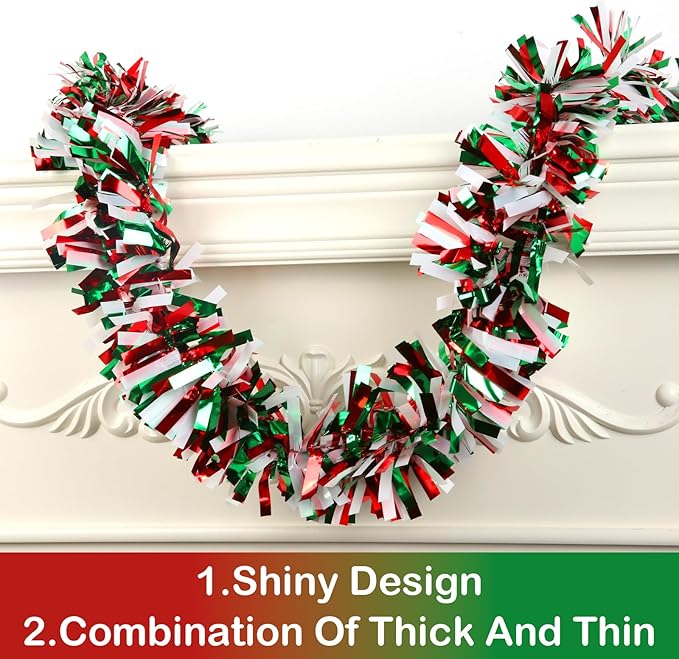 50 Feet Christmas Tinsel Twist Garland - Metallic Tree Decorations for Party Supplies Decor (Red, Green and White)