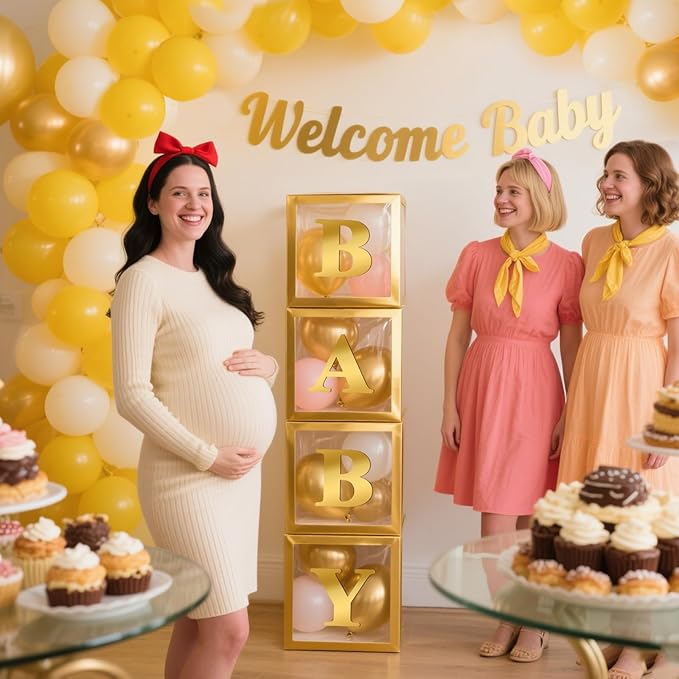 Ledido Baby Boxes with Letters for Baby Shower Decorations with 38 Balloons, 4 pcs Clear Baby Balloon Boxes Blocks for Baby Shower Decor Boy Girl Gender Reveal Decorations Backdrop Party (Gold)