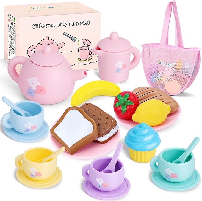 Silicone Tea Party Set for Little Girls,PRE-WORLD 27PCS Toys Toddler Tea Set with Play Food Dessert Cookies,Doughnut,Cake,Carrying Bag,Kids Kitchen Pretend Role Gifts for Girls Boys Age 3 4 5 6