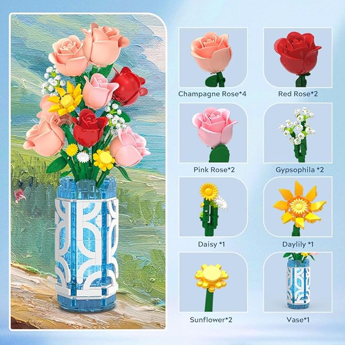 14 Flowers Bouquet Building Set with Vase and LED Light, Mother's Day 747 PCS Mini Roses Flower Botanical Building Blocks Toy, Birthday Gifts for Adults, Artificial Roses Flowers Home Decor