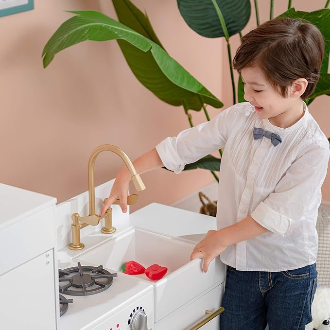 Teamson Kids Little Chef Charlotte Modern Modular Interactive Wooden Play Kitchen with Refrigerator, Stove and Sink in White with Gold Finishes