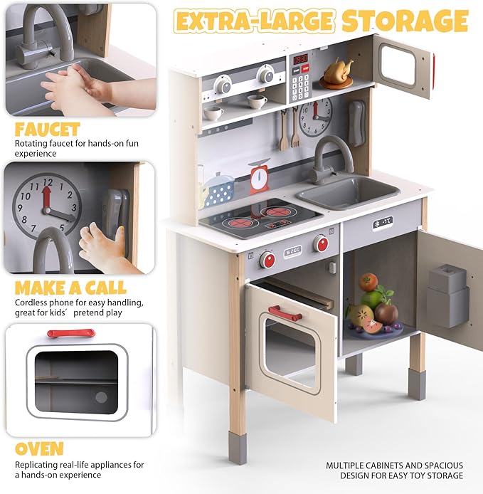 JOYOOSS Play Kitchen for Kids,Wooden Kids Kitchen Playset Toy Toddler Play Kitchen Set for Toddlers 3+ with Real Lights & Soundswith Cookware Accessories