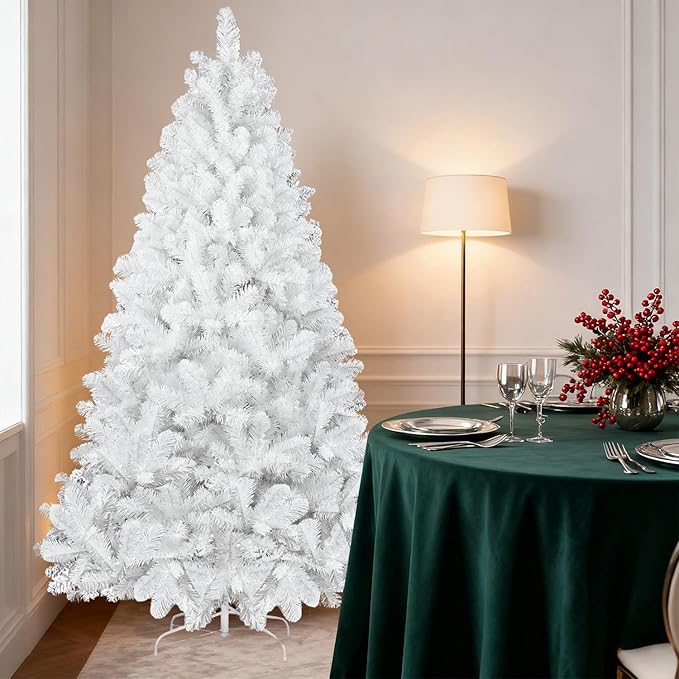 8ft White Christmas Tree with 1430 Steel Branch Tip,Unlit Premium Full Hinged Spruce Christmas Tree with Foldable Base, Artificial Xmas Tree for Easy Holiday Setup