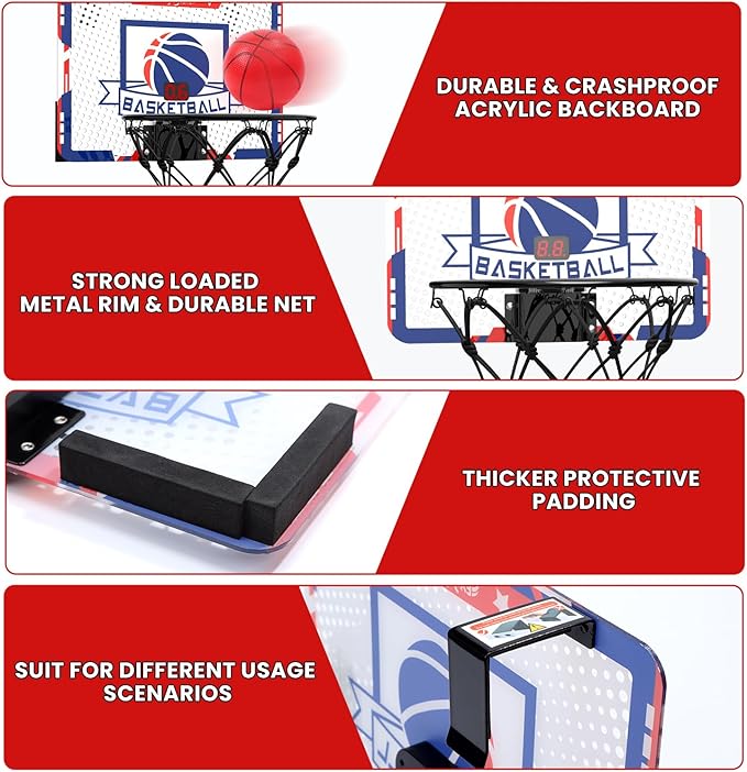 EagleStone Kids Indoor Basketball Hoop, 4 Balls Mini Basketball Toy for Toddlers, with Electronic Scoreboard Over The Door Room Wall Basketball Hoop Goal Boys Girls Gift for Age 3 4 5 6 7 8 9 10