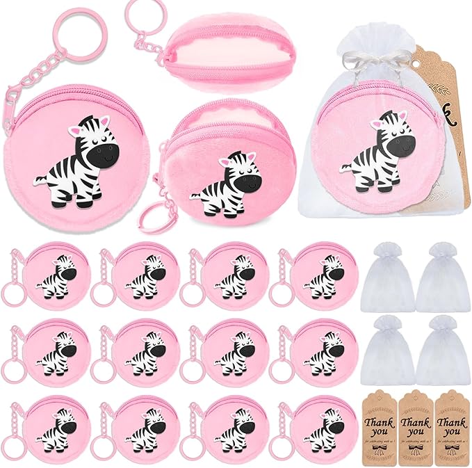 36 Pack Zebra Change Purses Set Include 12 Wallets with Keyring,12 Thank You Tags and 12 Organza Bags for Zebra Safari Jungle Grassland Party,Baby Shower Birthday Decor, Pink