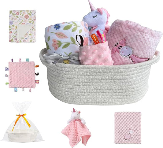 CREVENT Baby Welcome Gift Set Storage Basket with Two Blankets+ A Security Blanket + A Taggie + A Gift Bag with Ribbon (Pink)