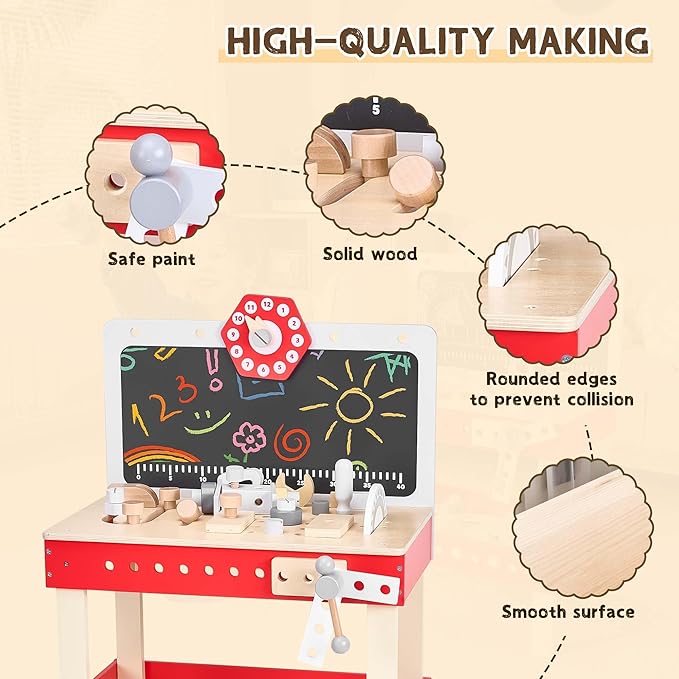Kids' Wooden Tool Workbench Playset with STEM Construction Toys, Toddler Tool Bench with Ample Storage Space and Blackboard, Creative Gift for Ages 3-7, Red