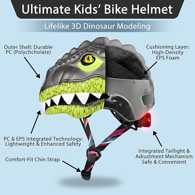 KINGBIKE Toddler Helmet 2-3-5-8 Years Kids Balance Bike Helmets Size Adjustable 3D Dinosaur with Led Light for Skateboard Scooter Cycling Skaterolling