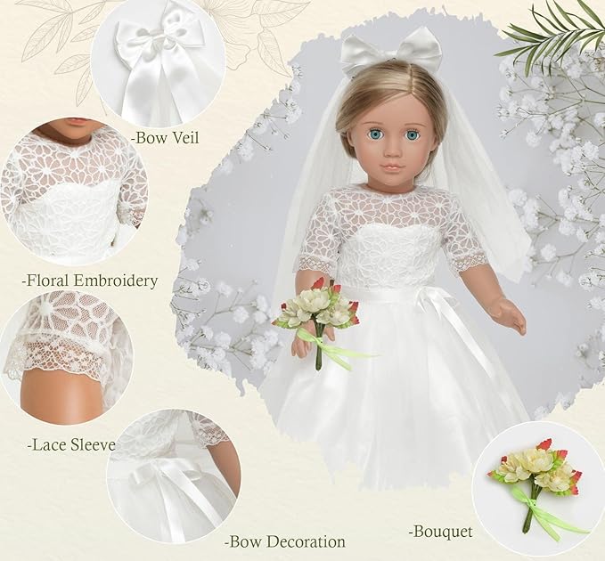 18 Inches American Doll Clothes First Communion Gorgeous White Wedding Dress Veil Bouquet Sets Fit 18 Inches Dolls