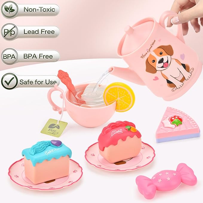 Dog Toys for Kids – Plastic Tea Party Set for Toddlers & Little Girls Ages 3-8, Puppy-Themed Pretend Play Kitchen Toy with Teapot, Cups, Saucers, Desserts & Tray | Birthday Gift Idea