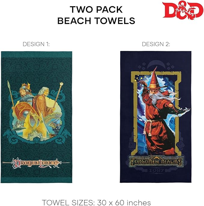 NORTHWEST Dungeons & Dragons Beach Towel 2-Pack – Soft, Sand-Free, Fast-Drying Oversized Pool Towels, Lance Wizard Realms Design, 30" x 60"