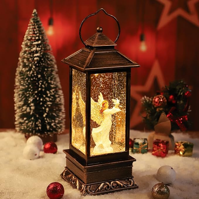 Christmas Decorations Snow Globe Lantern,Christmas Lantern with 8 Christmas Theme Music,Christmas Snow Globe Gifts Water Glittering Swirling Christmas Home Decoration（Dove Angel）