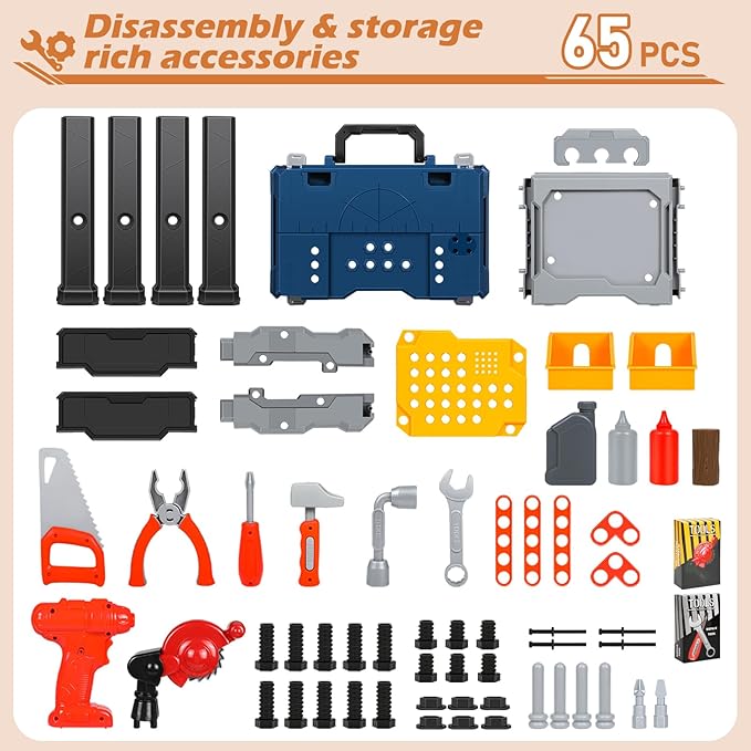 Kids Tool Set with Workbench Realistic Tool Pretend Play Toys for 3 4+Year Old Boy Toys Electric Drill Transformable Construction Learning Toy Work Bench Christmas Birthday Gift Toddler Girl Age 3-5