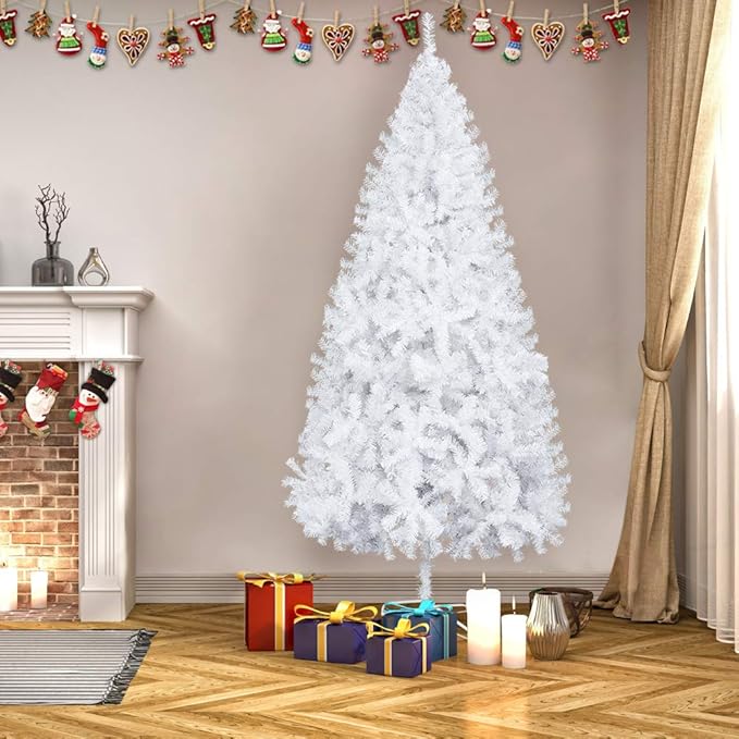 Bonnlo Artificial Christmas Tree, 8ft White Pointed Christmas Tree w/ 230 Branch Tips, Large Xmas Tree Holiday Party Decorations