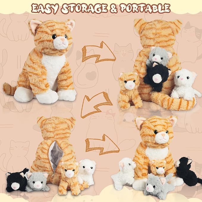5 Pcs Cat Stuffed Animal with Babies Inside Belly, 1 Mommy Stuffed Cat Plush Toy with 4 Kittens Stuffed Kitty Cats Plushies Toys for Kids Girls Boys Birthday Christmas Easter Stuffers Gifts
