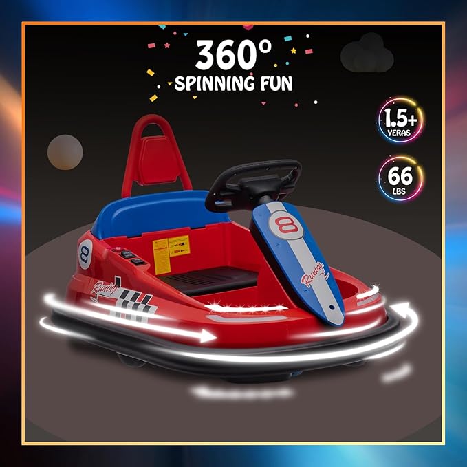 Hetoy Bumper Car for Toddlers, 6V Electric Ride On Toys for Kids, 1.9 MPH Max Speed, Steering Wheel, 360 Degree Spin, 2-Speeds, Lights, Music & Horn, Birthday Gift for Boys Girls 2-6 Years, Bright-Red