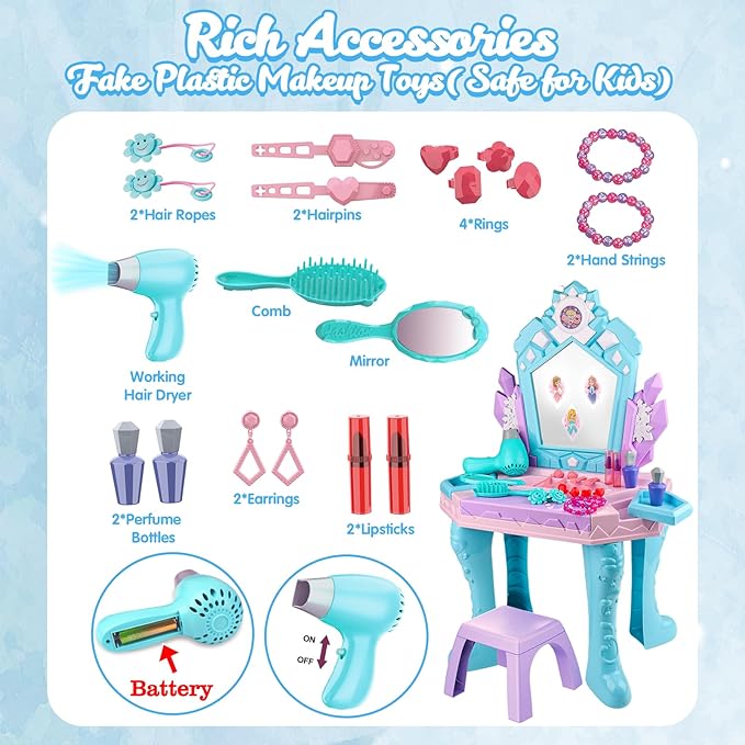 Toddler Vanity Magic Makeup Table and Chair Set Girl Toys Mirror with Music Light Frozen Toys for 3 4 Year Old Girls Hair Salon Pretend Play Princess Dress Up Playset Kids Toddler