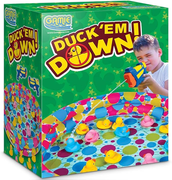 Gamie Duck’em Down Shooting Game, Carnival Duck Pond Game with 1 Inflatable Pool, 2 Water Guns, and 20 Ducks, Backyard Games for Kids, Outdoor Summer Toys, and Carnival Theme Party Decorations