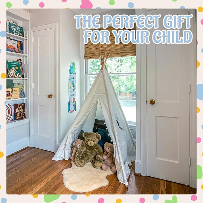 4 PCS Teepee Tent for Kids,Washable Tapered Kids Teepee Tent,Bohemian White Collapsible Sleepover Tents,for Boys and Girls Sleepover Pajamas Party Birthday SPA