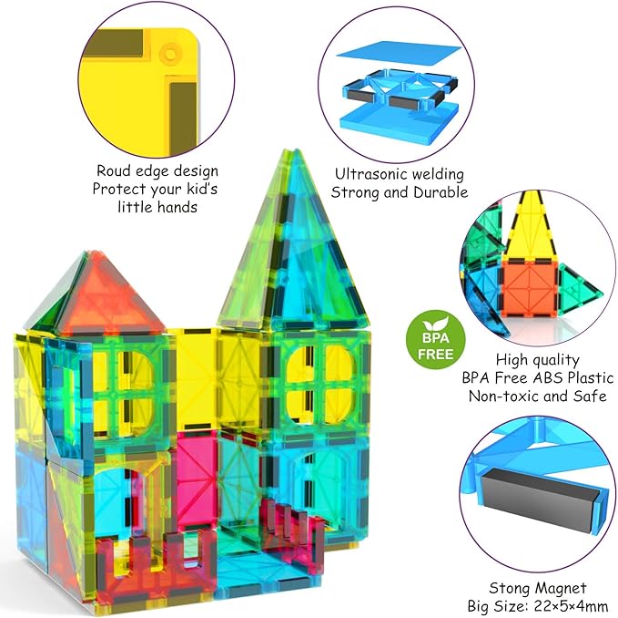 Jasonwell Magnetic Tiles Kids Magnetic Blocks 60PCS Building Sets 3D Magnet Tile Building Blocks Toy Construction Educational STEM Toys Gifts for Toddlers Boys Girls 3 4 5 6 7 8 9 10 + Year Old