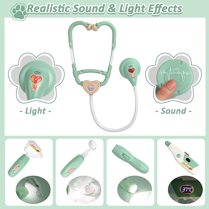 Liberry Doctor Kit for Toddlers 3 4 5 6 Years Old, 26 Pcs Kids Doctor Playset with Dog Toy, Stethoscope and Dress Up Costume, Pretend Play Medical Gift for Boys Girls (Green)