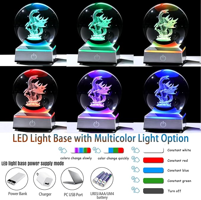3D Dragon Crystal Sphere Gifts for Women Men Kids with Colorful LED Light Base 3.15 inch, Dragon Night Light for Boy Girl Xmas Cool Dragon Figurines Home Decor